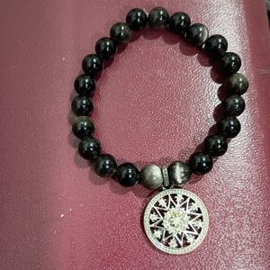 Hand Crafted Silver Obsidian Stetched Bracelet with Silver Pendant